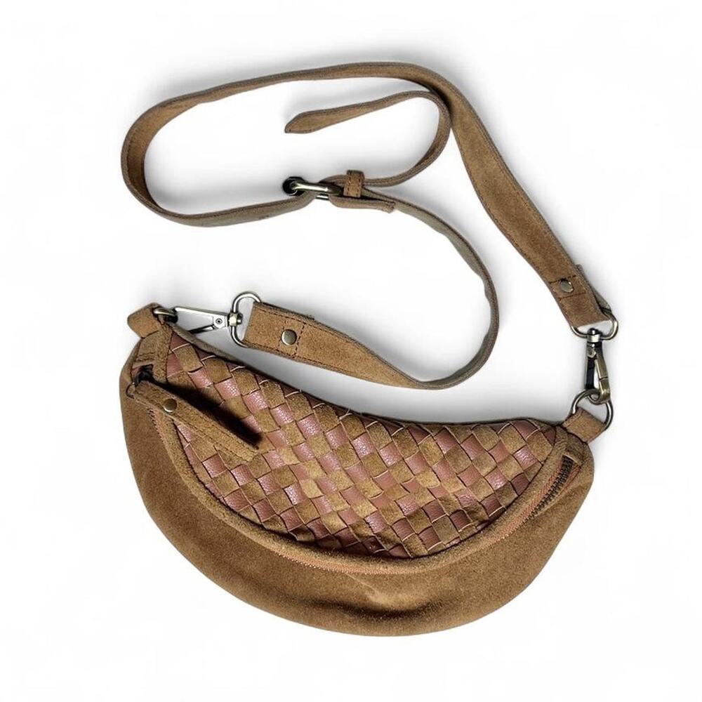Earthbound Trading Tan Suede Woven Leather Cavas Shoulder Belt Bag Purse